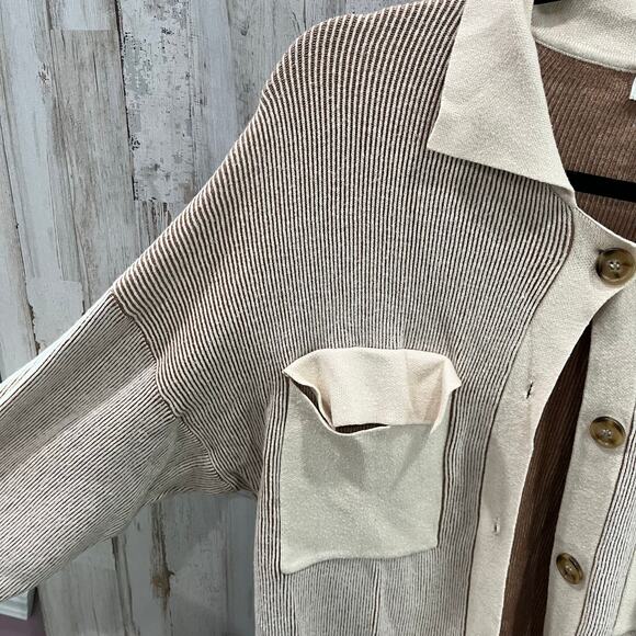 Bohme Brown Cream Ribbed Pockets Cardigan Shacket Coatigan Womens Size M/L - Picture 4 of 7
